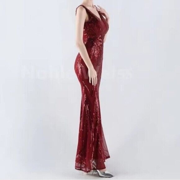 Red, Double V, Beaded Back, Draped Skirt, Sequined Mermaid Gown - Picture 10 of 15